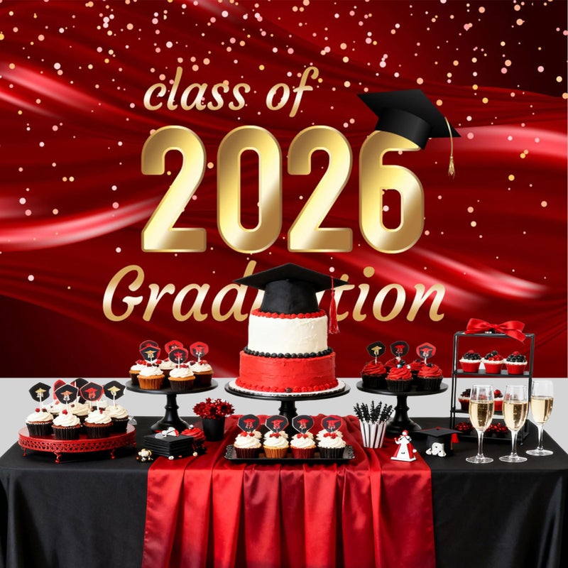 Baocicco 7x5ft Backdrop for Golden Class of 2026 Graduation Photography Background Black Bachelor Cap Red Luxury Silk Cloth Falling Gold Sequins Student Graduation Family Children Party Background - Image 5